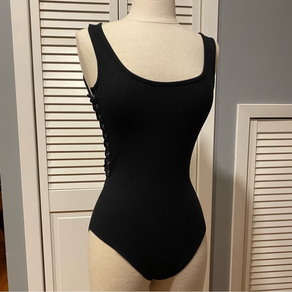 LF Stores Women Backless Lateral Lace-Up Black Bodysuit (S)